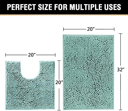 H.VERSAILTEX Original Shaggy Chenille 2 Piece Bath Rug Set, 20x20 Square U-Shape Contoured Toilet Mat & 32x20 Carpet Rug, Machine Wash/Dry Mats, Soft, Plush Rugs for Tub Shower (Eggshell Blue)