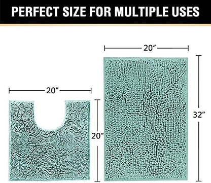 H.VERSAILTEX Original Shaggy Chenille 2 Piece Bath Rug Set, 20x20 Square U-Shape Contoured Toilet Mat & 32x20 Carpet Rug, Machine Wash/Dry Mats, Soft, Plush Rugs for Tub Shower (Eggshell Blue)