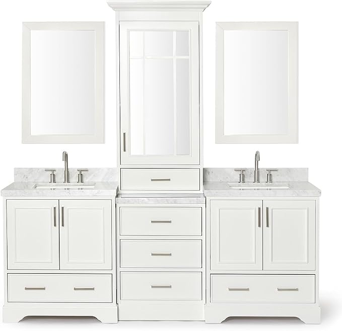 ARIEL Stafford 84-inch Bathroom Vanity with Sink,Solid Wood, 1.5-inch Italian Carrara Marble Countertop, Double Rectangular Porcelain Sink, 5 Soft Closing Doors, 6 Dovetail Drawers, White