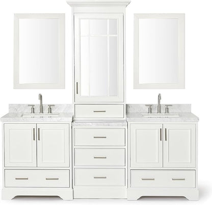 ARIEL Stafford 84-inch Bathroom Vanity with Sink,Solid Wood, 1.5-inch Italian Carrara Marble Countertop, Double Rectangular Porcelain Sink, 5 Soft Closing Doors, 6 Dovetail Drawers, White