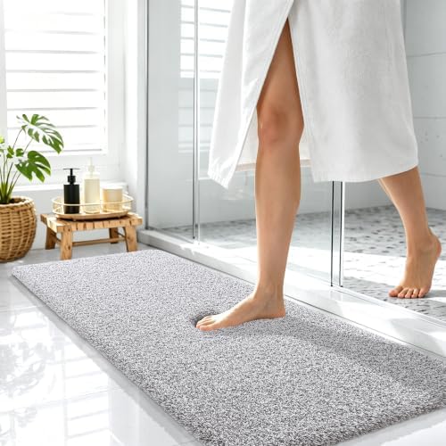 OLANLY Microfiber Bathroom Rugs 47x17, Quick Dry Mat, Light Grey and White