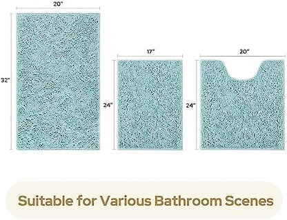 HOMEIDEAS Light Blue Chenille Bathroom Rugs Set of 3, Non Slip Bath Mat