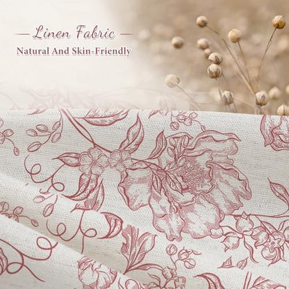 Pink Boho Linen Fabric Shower Curtain , Farmhouse Floral For Bathroom