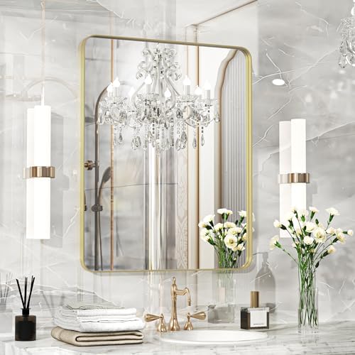Fun Memories Gold Bathroom Mirror 24X30 Inch Bathroom Vanity Mirror, Metal Gold Frame Large Mirror, Modern Wall Mirror for Bathroom, Tempered Glass, Farmhouse Mirror, Horizontally or Vertically