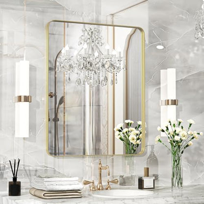 Fun Memories Gold Bathroom Mirror 24X30 Inch Bathroom Vanity Mirror, Metal Gold Frame Large Mirror, Modern Wall Mirror for Bathroom, Tempered Glass, Farmhouse Mirror, Horizontally or Vertically