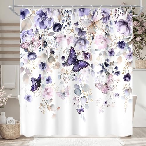 Purple Floral Butterfly Summer Spring Plant Bathroom Shower Curtain Set