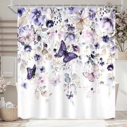 Purple Floral Butterfly Summer Spring Plant Bathroom Shower Curtain Set