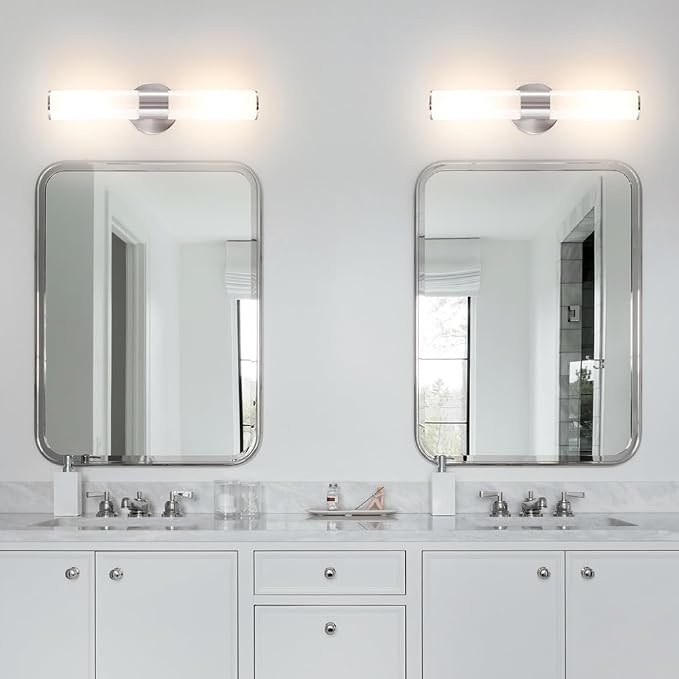Brushed Nickel Wall Sconces Set of 2 (Hardwired Only), Bathroom Vanity Light Fixtures, Modern Cylinder Glass Wall Lights for Mirror 28-40 in Height, NOT Battery Operated, E26 Base (Bulbs Not Included)