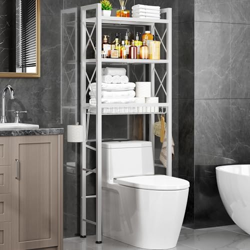 Kalrin Over The Toilet Storage with X Shape Side Guardrail, 3-Tier Over Toilet Storage Rack with Drain Basket, Freestanding Bathroom Organizer for Balcony Laundry, Pure White