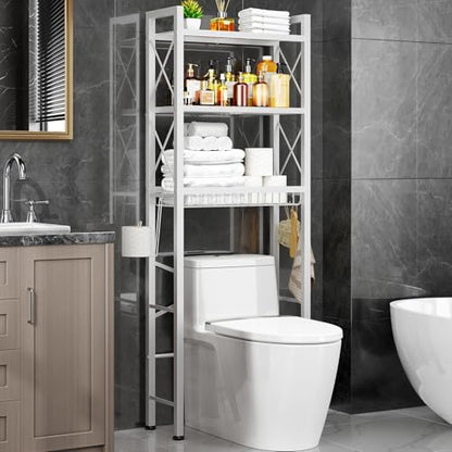Kalrin Over The Toilet Storage with X Shape Side Guardrail, 3-Tier Over Toilet Storage Rack with Drain Basket, Freestanding Bathroom Organizer for Balcony Laundry, Pure White