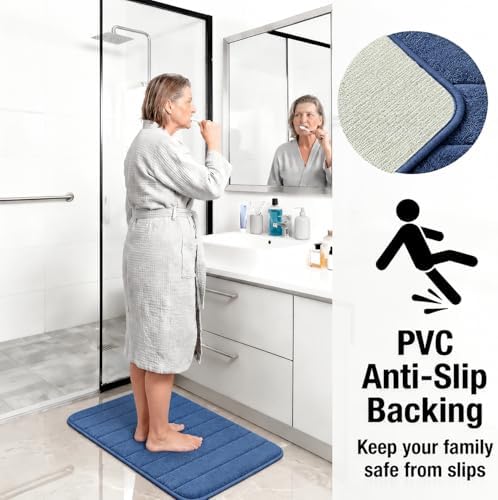 Memory Foam Bath Mat Set 3 Piece，Super Soft Absorbent Bathroom Rug Non Slip, Quick Dry,Machine Wash, Perfect Plush Bathroom Rugs,Home Decor Accessories,Deep Blue