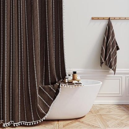 BTTN Brown Boho Farmhouse Linen Heavy Duty Cloth Shower Curtain Set, 72x72