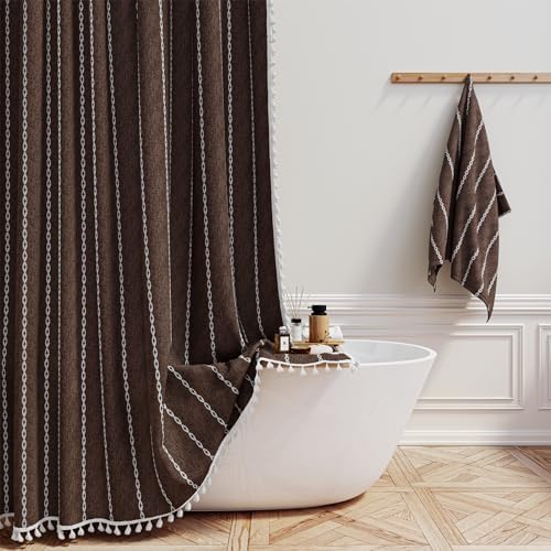 BTTN 72x84 Long Boho Farmhouse Linen Heavy Duty Shower Curtain Set, Brown