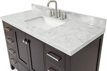 Beckford 48-Inch Bathroom Vanity with Sink — Espresso Single Sink Bathroom Vanity, 1.5" Edge Italian Carrara Marble Top, Solid Wood, 2 Soft-Close Doors, 9 Dovetail Drawers