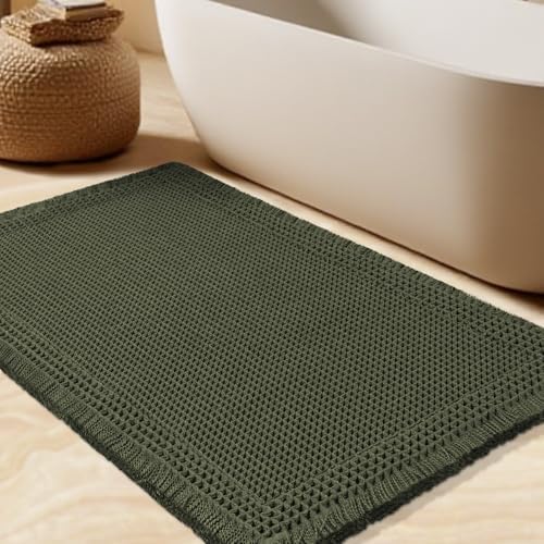 Waffle Bath Mat, Boho Woven Modern Bath Rug Absorbent Non Slip, Ultra Soft Bathroom Mats, Machine Washable Knit Bath Rugs with Border for Bathroom, Bedroom, Kitchen, Shower, Tub, 32"x20", Dark Green