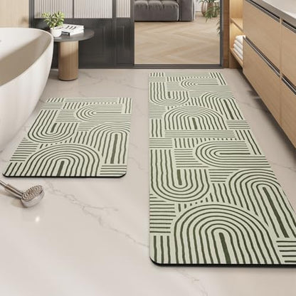 MontVoo -Bath Mat-Non Slip Thin Bathroom Rugs Fit Under Door- Quick Dry Absorbent Faux Suede Surface Grey Bathroom Floor Mats-Shower Rug for in Front of Bathtub Shower Ivory & Green Arched 16x24