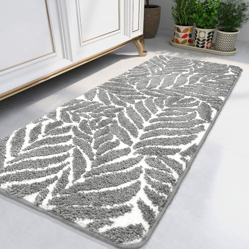 Gray Bathroom Runner Rug - Grey Long Bath Mat Tropical Leaf Bath Rugs Non Slip Washable Bathrug for Bathroom Floor, Cute Restroom Rug, Plant Absorbent Bathmat Botanical Home Decor 24" x 60"