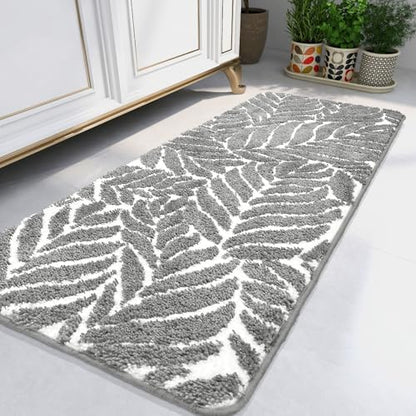 Gray Bathroom Runner Rug - Grey Long Bath Mat Tropical Leaf Bath Rugs Non Slip Washable Bathrug for Bathroom Floor, Cute Restroom Rug, Plant Absorbent Bathmat Botanical Home Decor 24" x 60"