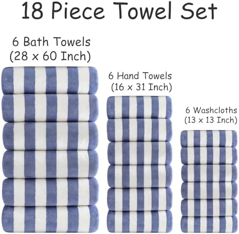18 Pcs Blue Purple Stripe Bath Towel Set with Hanging Loop-6 Bath Towels,6 Hand Towels,6 Washcloths Soft Family Towels Set Bathroom Towel Highly Absorbent Quick Dry Shower Towel for Beach Chair Hotel