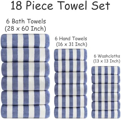 18 Pcs Blue Purple Stripe Bath Towel Set with Hanging Loop-6 Bath Towels,6 Hand Towels,6 Washcloths Soft Family Towels Set Bathroom Towel Highly Absorbent Quick Dry Shower Towel for Beach Chair Hotel