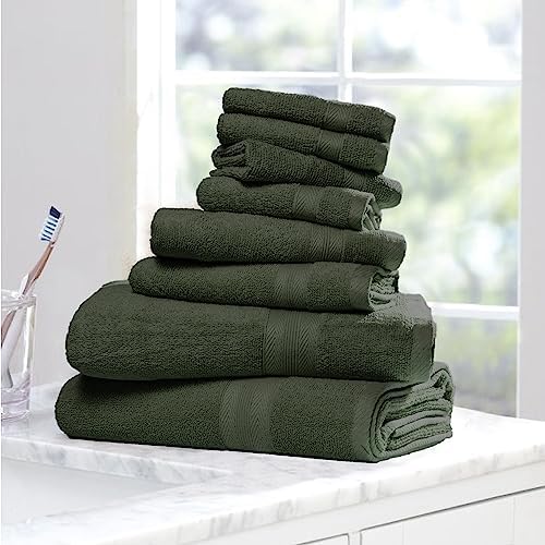 BOUTIQUO 8 Piece Towel Set 100% Ring Spun Cotton, 2 Bath Towels 27X54, 2 Hand Towels 16X28 and 4 Washcloths 13X13 - Ultra Soft Highly Absorbent Machine Washable Hotel Spa Quality - Olive Green