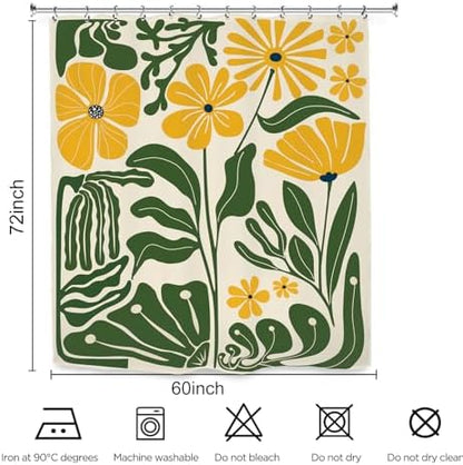 Yellow Green Matisse Flower Shower Curtain 60Wx72L Inch Abstract Retro Aesthetic Minimalist Vintage Art 70s Trendy Modern Bathroom Set Accessories Decor with 12 Pack Hooks