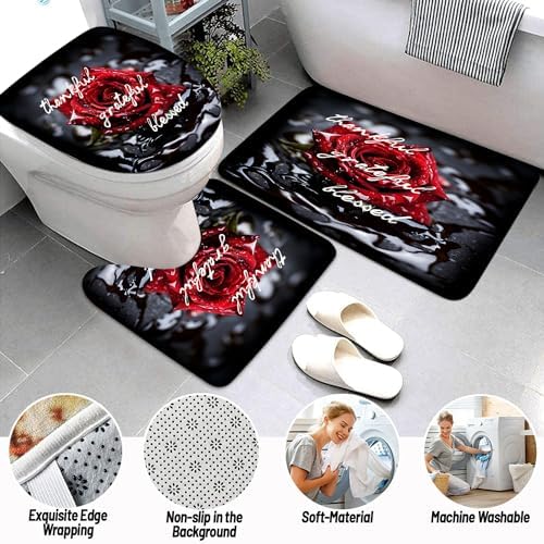 4Pcs Romantic Red Rose Bathroom Shower Curtain Sets, Waterproof Fabric Floral Bathroom Sets with Shower Curtain and Rugs Toilet Lid Cover Bath Mat, Retro Flower Home Decor Sets