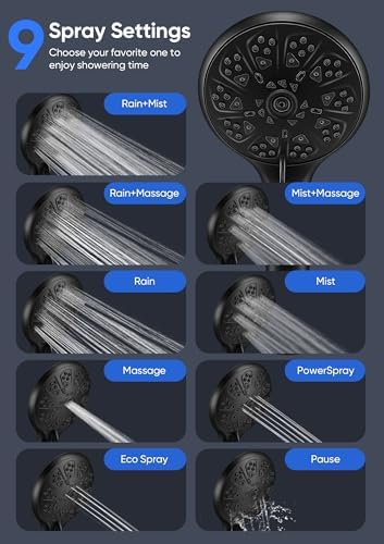 Shower Head with Handheld High Pressure, Rain Shower Head with Fixed Showerhead and 9 Sprays Handheld Shower, Detachable 2-IN-1 Shower head with 59" Rotatable Stainless Steel Hose (Black)