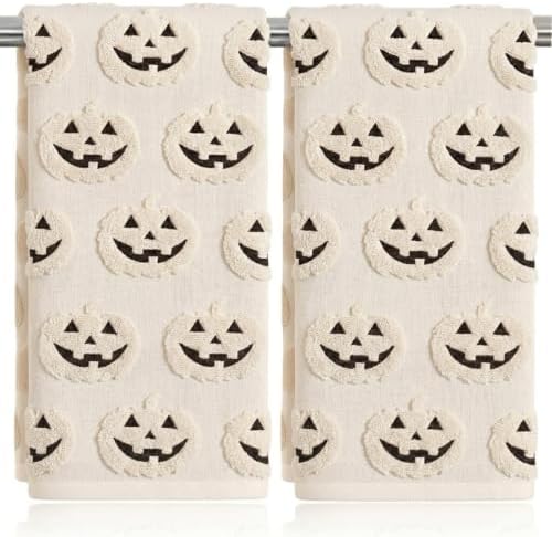 2 Pack Halloween Hand Towels 100% Cotton Jacquard ack-O'-Lantern Halloween Kitchen Towels White Bathroom Towels Set Seasonal Bathroom Decor(Beige ack-O'-Lantern)