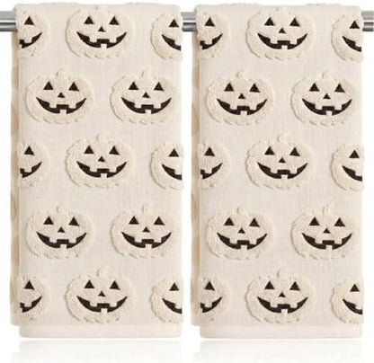 2 Pack Halloween Hand Towels 100% Cotton Jacquard ack-O'-Lantern Halloween Kitchen Towels White Bathroom Towels Set Seasonal Bathroom Decor(Beige ack-O'-Lantern)