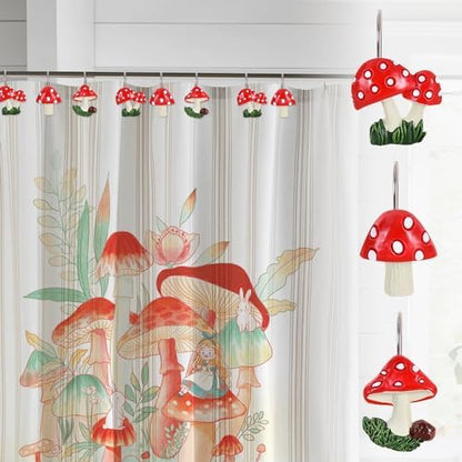 12-Piece Mushroom Shower Curtain Hooks for Bathroom