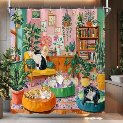 Boho Cute Cat Shower Curtain for Bathroom 72x72 Inch