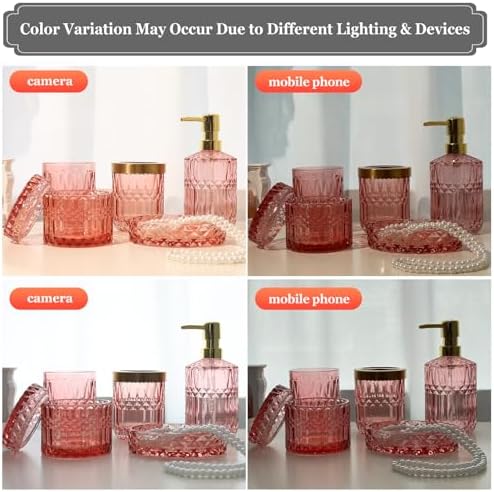 New Pink Glass Bathroom Accessories Set 5 Pcs, Pink Bathroom Set, Soap Dispenser and Toothbrush Holder Set, Qtip Holder Set, Vintage Bathroom Sink Set, Cute Bathroom Decor