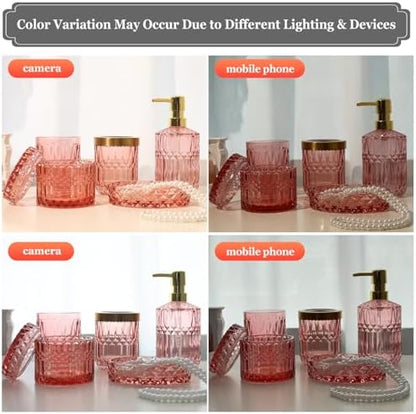 New Pink Glass Bathroom Accessories Set 5 Pcs, Pink Bathroom Set, Soap Dispenser and Toothbrush Holder Set, Qtip Holder Set, Vintage Bathroom Sink Set, Cute Bathroom Decor