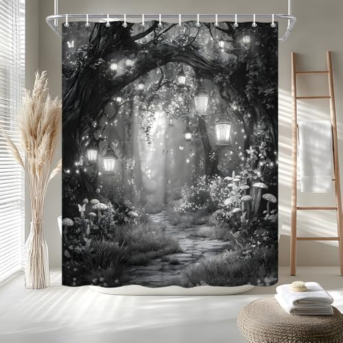 Fantasy Forest Path Shower Curtain Grey Fairy Magical Enchanted Misty Jungle Mushroom Floral Tree Butterfly Lantern Wonderland Bath Curtain Fabric Bathroom Accessories Decor with Hooks 75W x70L