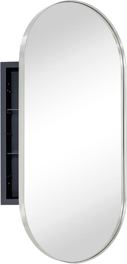 Brushed Nickel Oval Recessed Bathroom Medicine Cabinet with Mirror Stainless Steel Metal Framed Oblong Pill Shaped Bathroom Cabinet with Mirror 16x33''