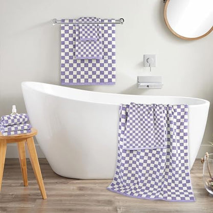 8-Piece Cotton Towels and Washcloths Sets, Checkered Bathroom Towels Set