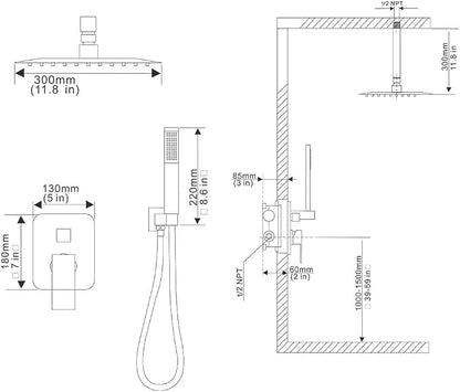 Matte Black Shower System Bathroom 12 Inch Rain Shower Head Ceiling Mount with Handheld Luxury High Pressure Shower Combo Set Shower Faucet Rough-in Valve Body and Trim Kit