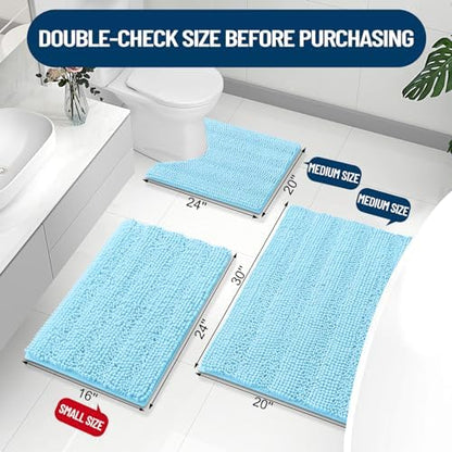 Grandaily Chenille Striped Bathroom Rugs 30x20, Extra Thick and Absorbent Bath Mats, Non-Slip Soft Plush Shaggy Shower Carpet, Machine Wash Dry, Bath Rug for Bathroom, (Medium, Blue)