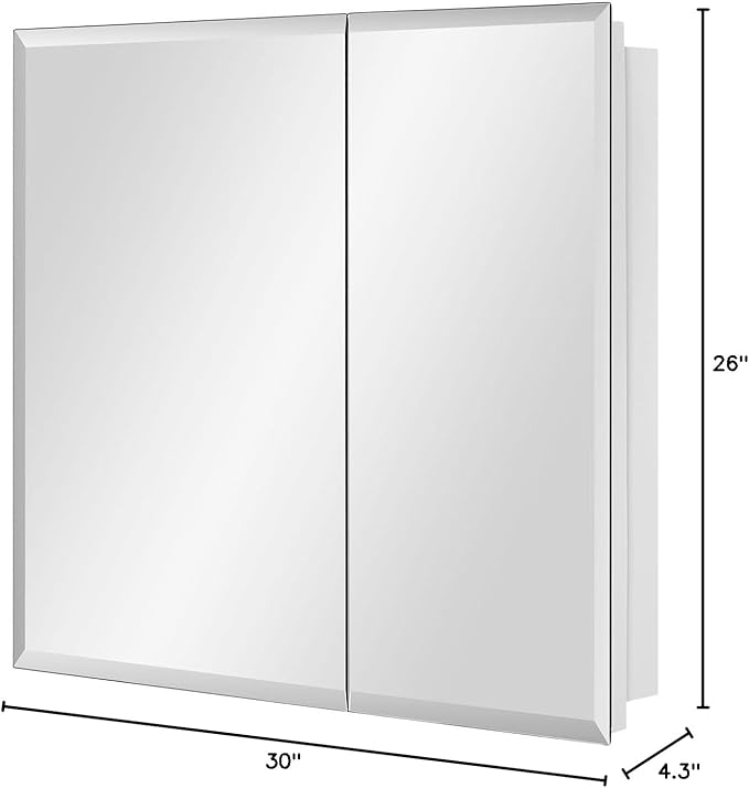 Bathroom Medicine Cabinet with Beveled Edge Mirrored Door 30 x 26 inch, Recessed or Surface Mount, with Adjustable Glass Shelves