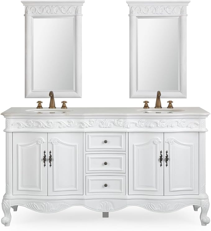 Benton Collection 64” Beckham Antique White Double Sink Bathroom Vanity with 2 Mirrors CF-3882W-AW-64-MIR-MIR