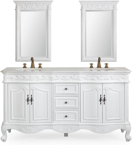 Benton Collection 64” Beckham Antique White Double Sink Bathroom Vanity with 2 Mirrors CF-3882W-AW-64-MIR-MIR