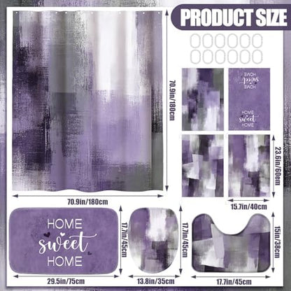 Honoson 8 Pcs Purple Shower Curtain Set, Purple and Grey Bathroom Decor
