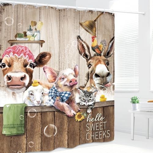 Funny Animal Shower Curtain 60Wx72L Inch Rustic Farmhouse Country Cow Donkey Pig Farm Sweet Cheeks Bathroom Set Accessories Decor with 12 Pack Hooks