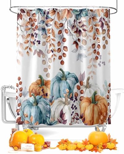 Shower Curtain Bathroom Set Fall Thanksgiving Pumpkin Orange Eucalyptus Leaf Waterproof Shower Curtains with Grommets Hooks Autumn Fallen Leaves Privacy Bath Curtain for Bathtub Decor 72x72in