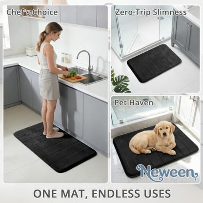 Neween Bathroom Rugs Set 3 Piece, Absorbent Memory Foam Bath Mat, Black
