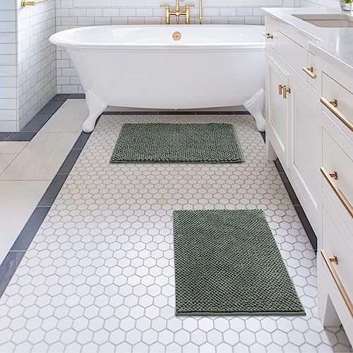 FRESHMINT Chenille Bath Rugs Set 2 Pieces, Sage, Green 17''x24''+20''x32''