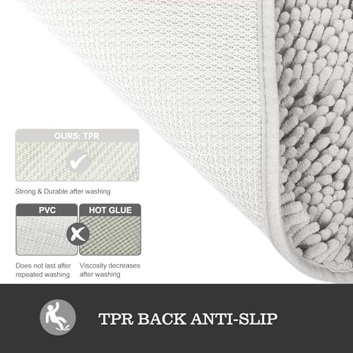 Yeaban Chenille Light Gray Bathroom Rug 24"x36", Non-Slip Rubber Backing