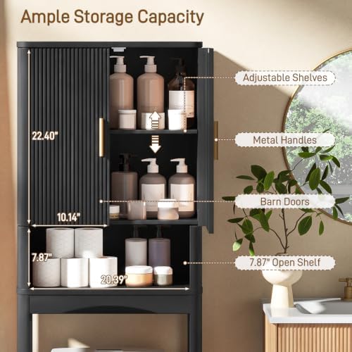 Vabches Farmhouse Over the Toilet Storage Cabinet with 2 Fluted Doors,Black
