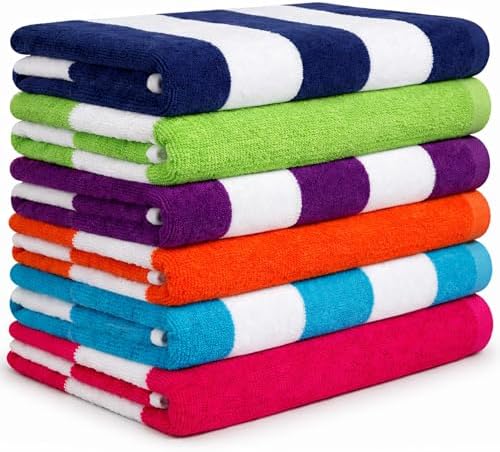 Beach Towels 6 Pack Large 30x60-100% Cotton Beach & Pool Towels Bulk Cabana Stripe - Quick Dry Bath Towel Set for Swim, Beach Essentials, Bathroom, Hot Tub, Yoga, Hotel & Airbnb Guests